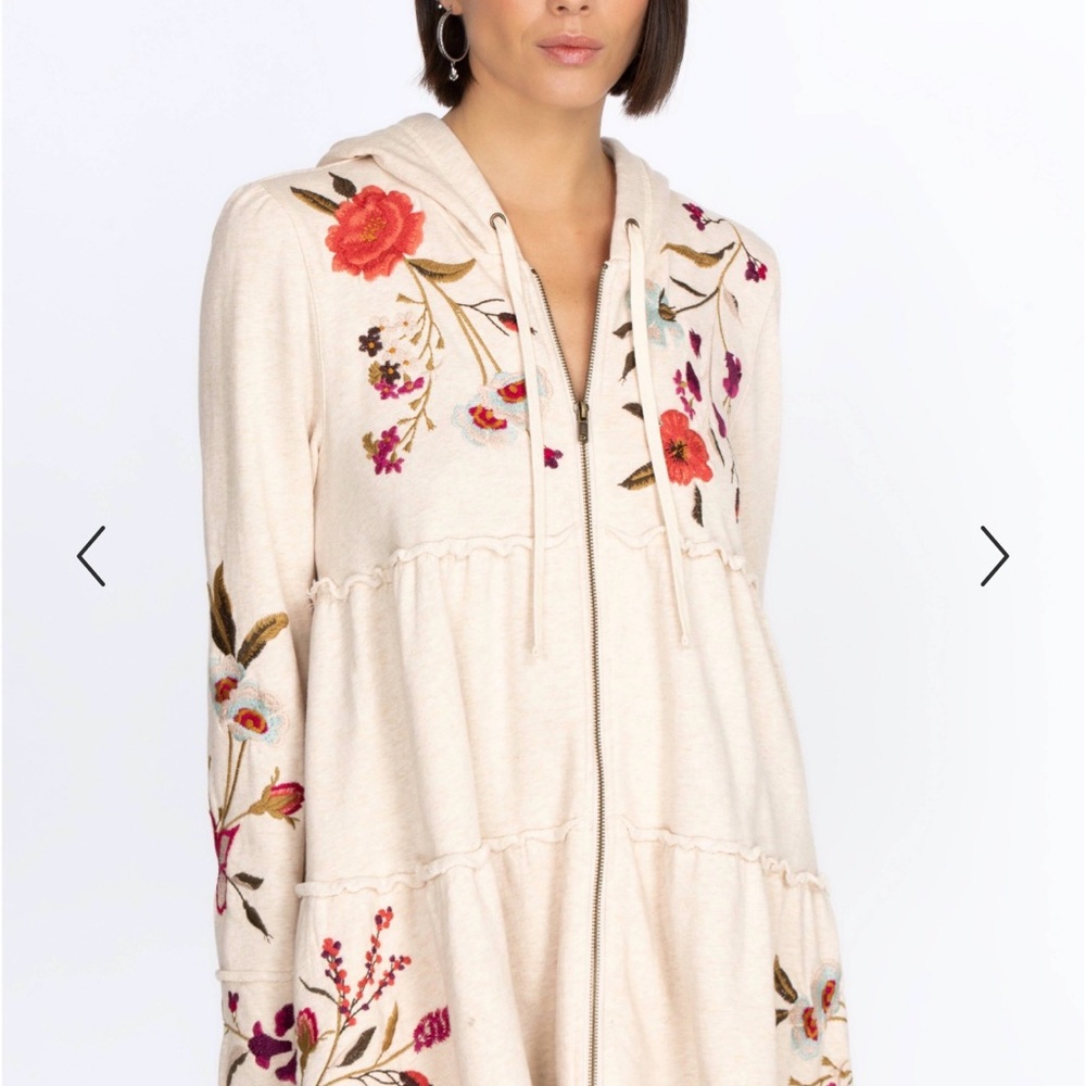 Johnny Was Flore Tiered Hoodie Zip Embroidered Jacket Cotton Floral Spring XL